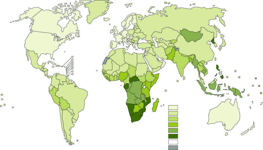 Estimated tuberculosis (TB) incidence rates (per 100,000 population) in imply...